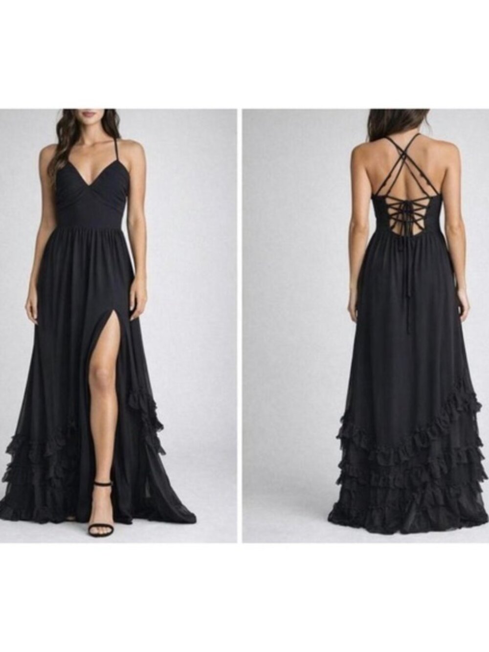 Black Pleated V-Neck Lace Up Back Maxi Dress with‎ Ruffle Hem and Side Slit